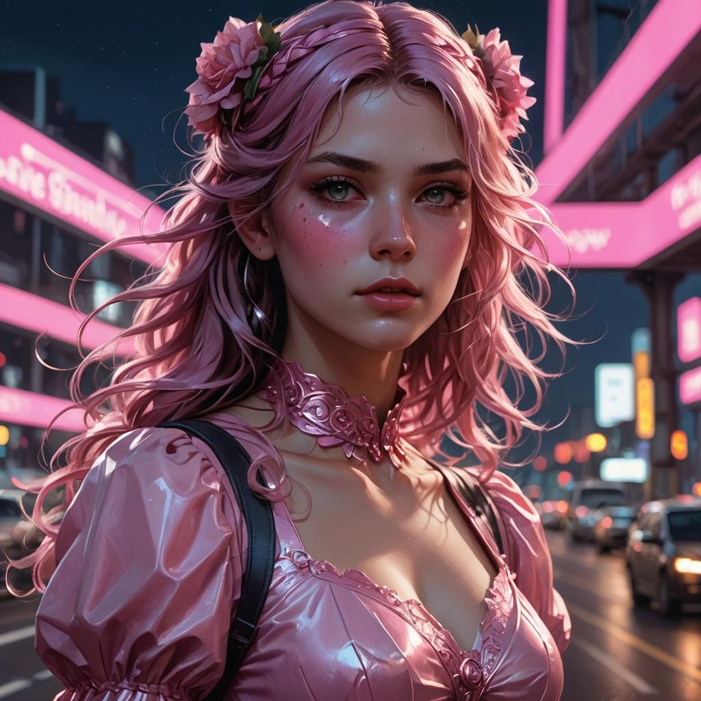 Pink Figure Portrait at Night in Digital Art Style