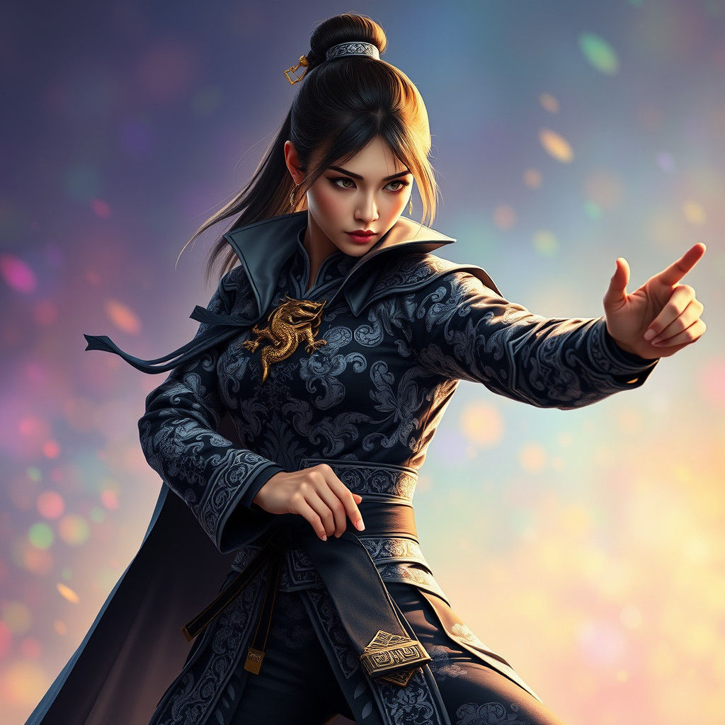 Woman in Ornate Suit Poses in Ninja Stance