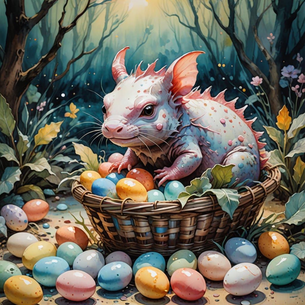 Axolotl's Whimsical Egg Basket in Dreamy Watercolor
