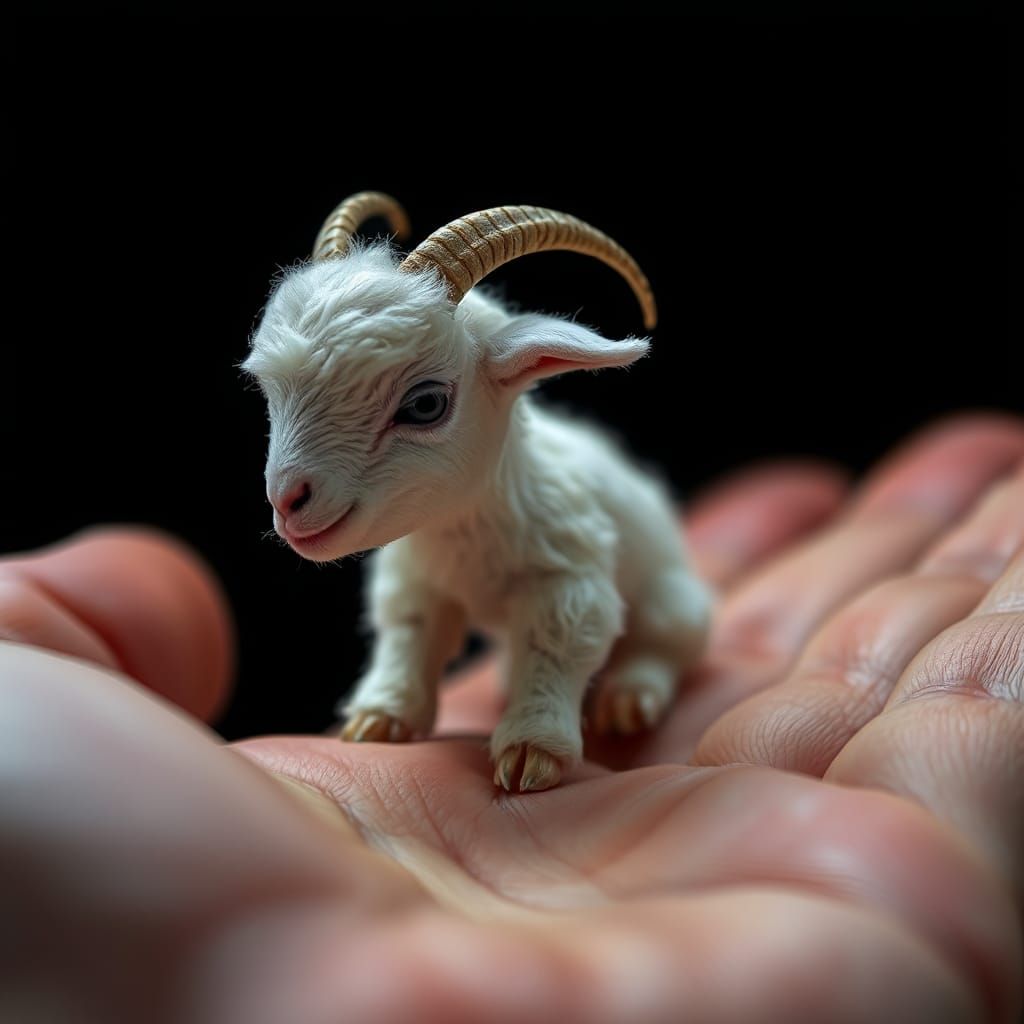 Tiny White Goat in Hand, HDR Photorealistic Image