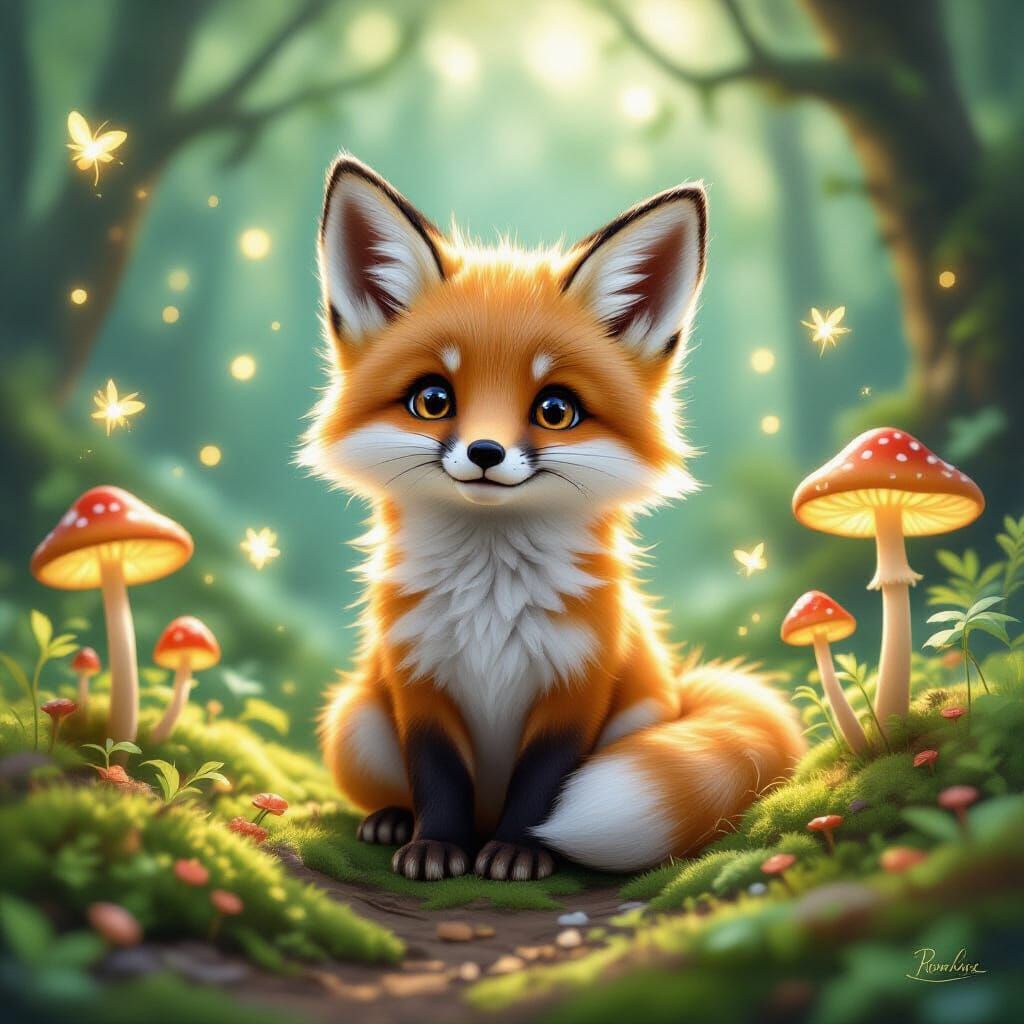 Cute Baby Fox in Magical Forest, Painterly Style