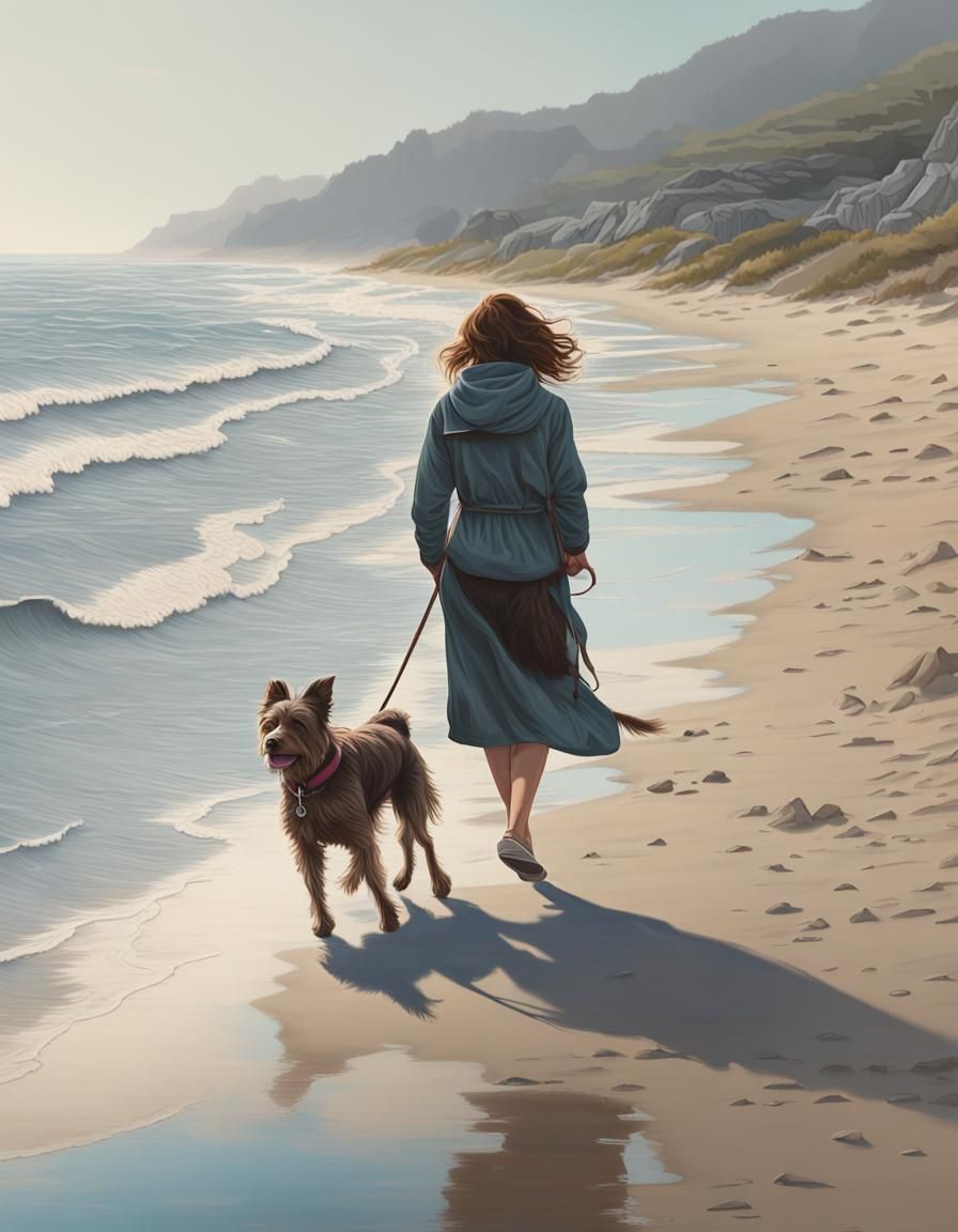 Woman Walking Dog on Beach: Realistic Portrait