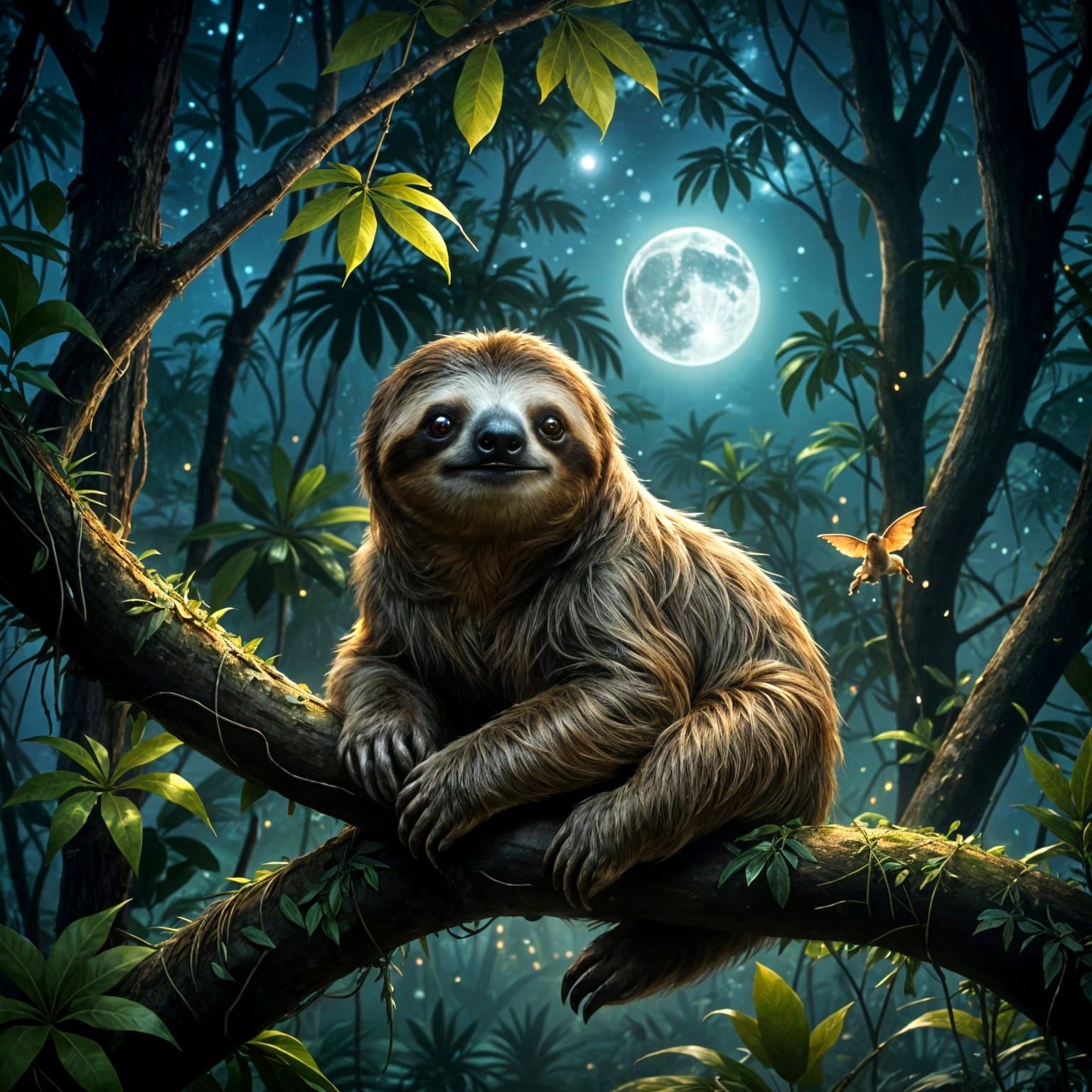 Dreamy Sloth in Moonlit Jungle with Fireflies