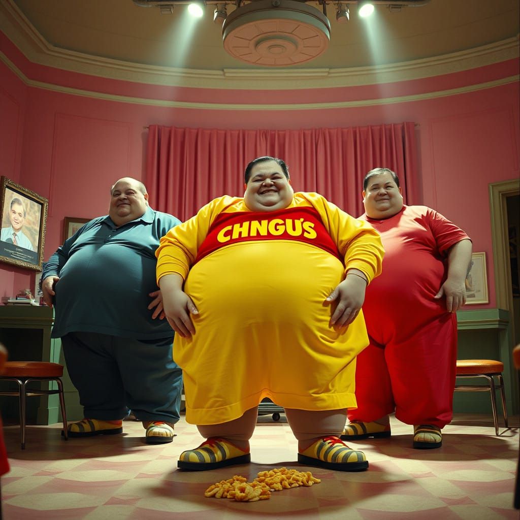 A surreal 1950s commercial for "CHUNGUS Chips" starring extremely obese people