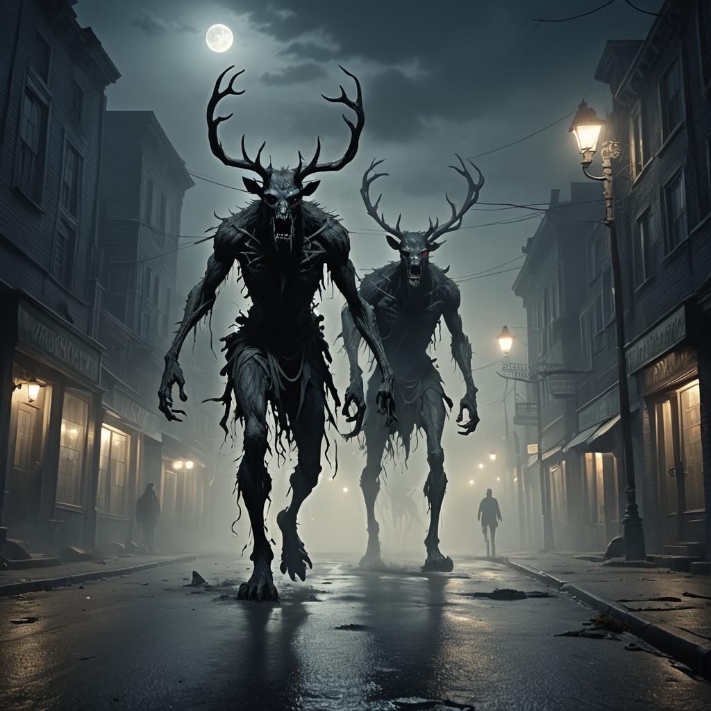 Wendigo Stalks Deserted Town in Dark Fantasy Horror
