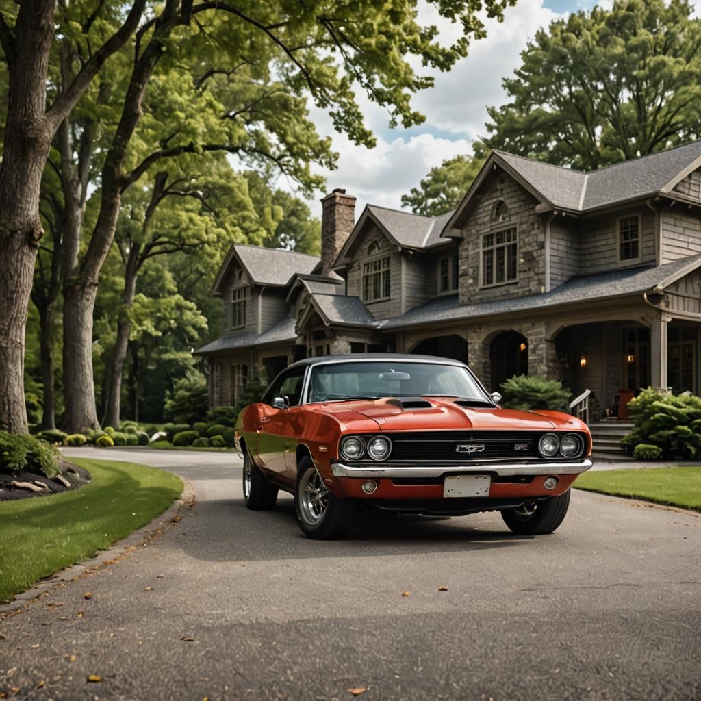 Muscle Car at Country House Driveway