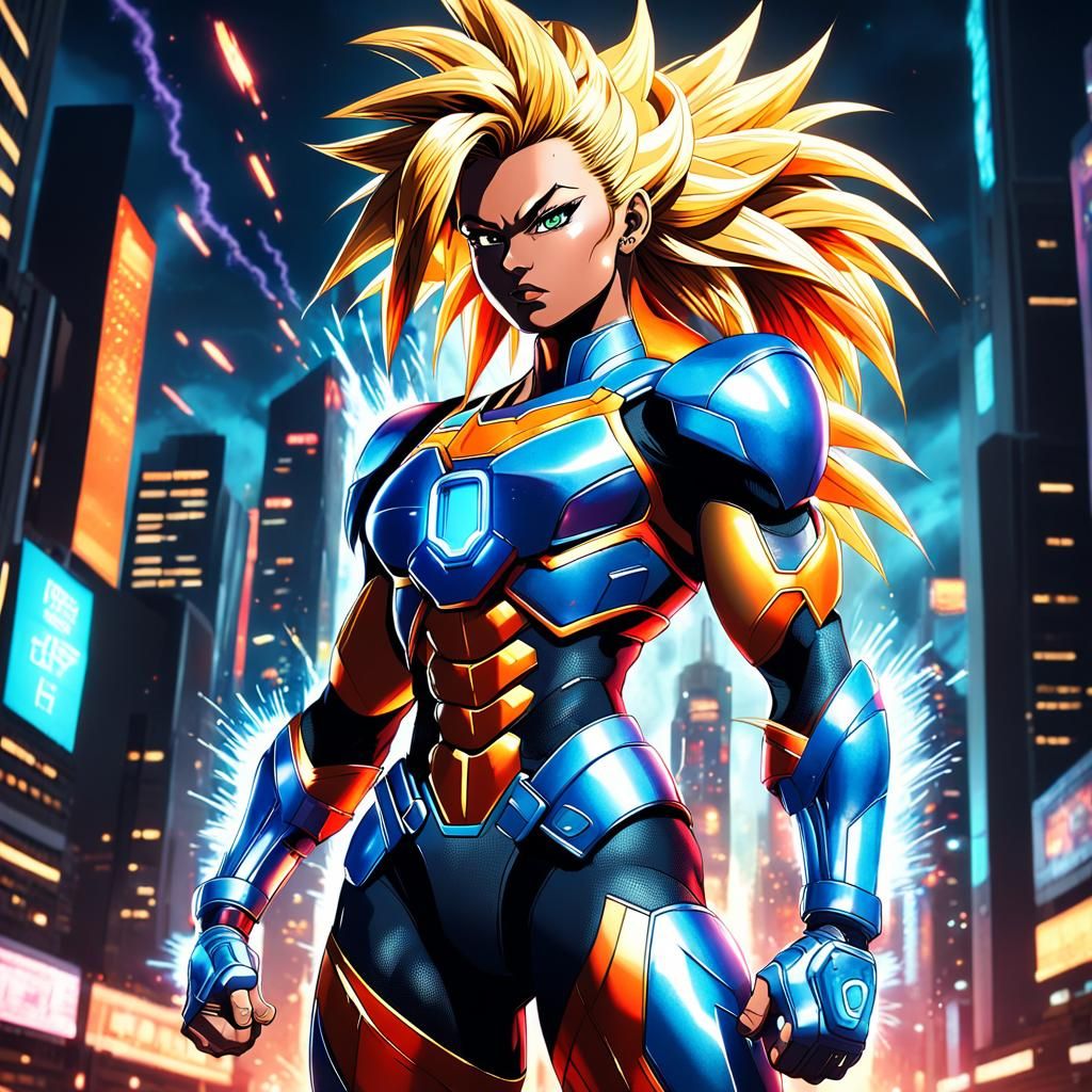 Anime Style Super Saiyan Woman in Sci-Fi City