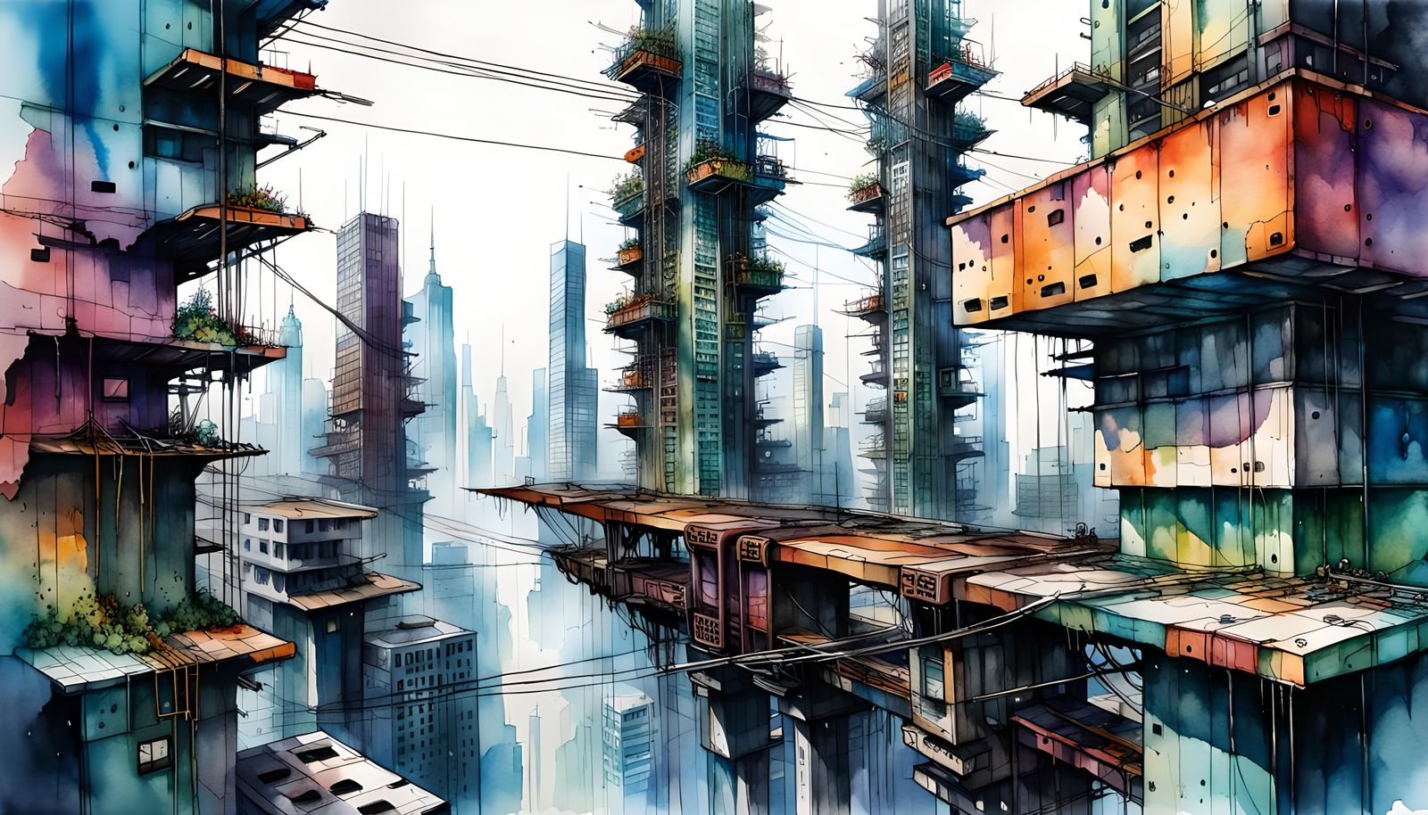 Cyberpunk City Supported by Cables: Watercolor and Ink