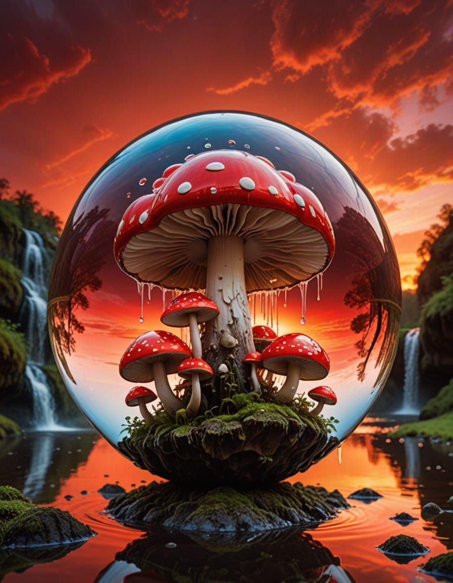 Mushrooms Amidst a Vibrant Sunset