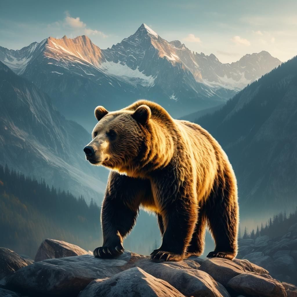 Dramatic Double Exposure of Bear and Mountains