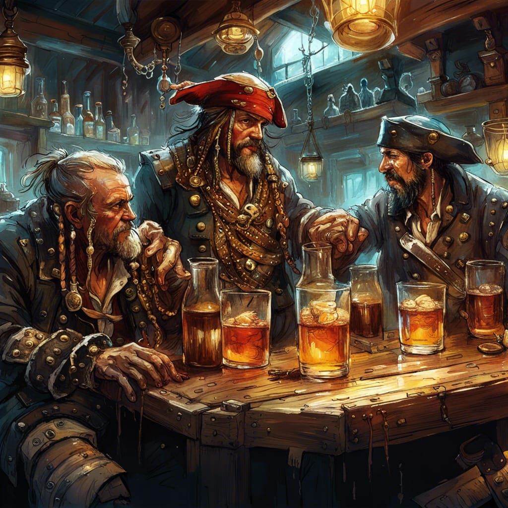 Pirates in Raucous Tavern: Acrylic Fantasy Art