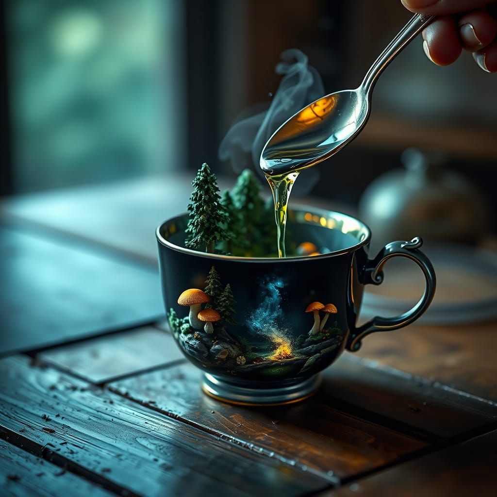 Glowing Forest Poured into Teacup: Photorealistic Splash Art