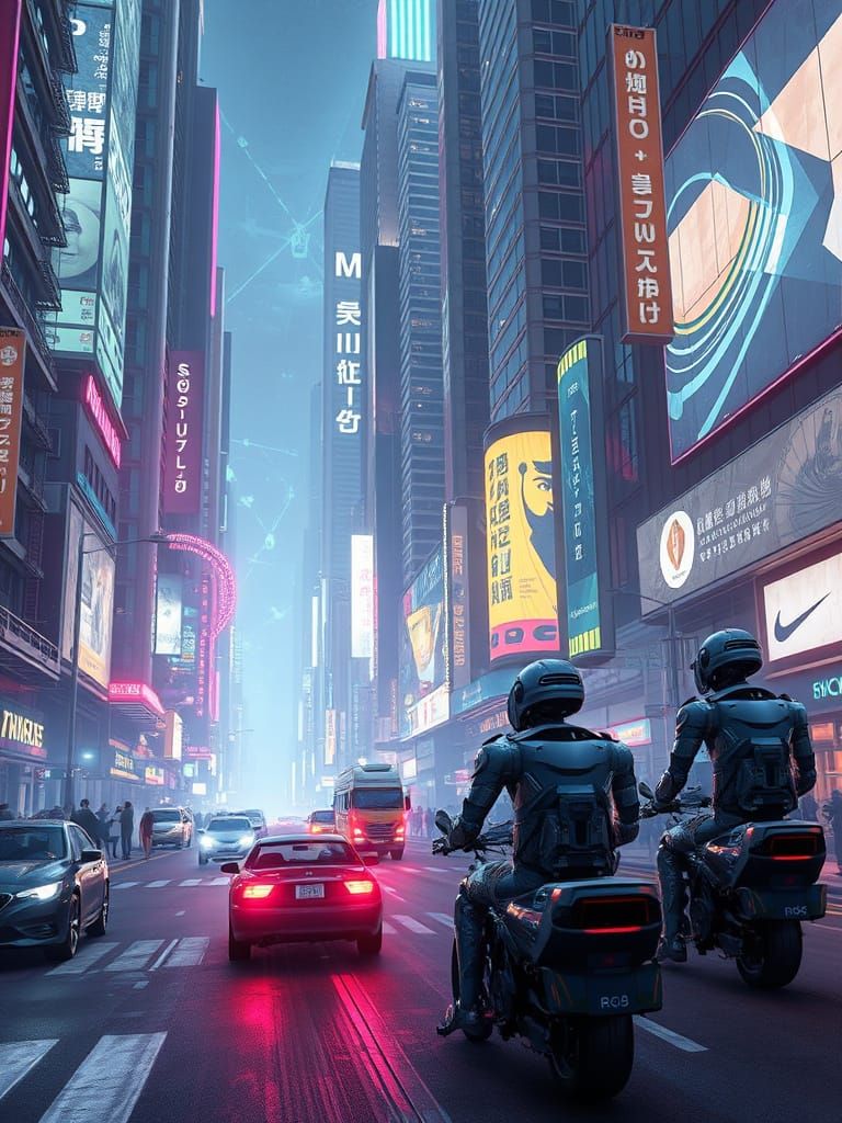 Cyberpunk Robots in Futuristic Cityscape