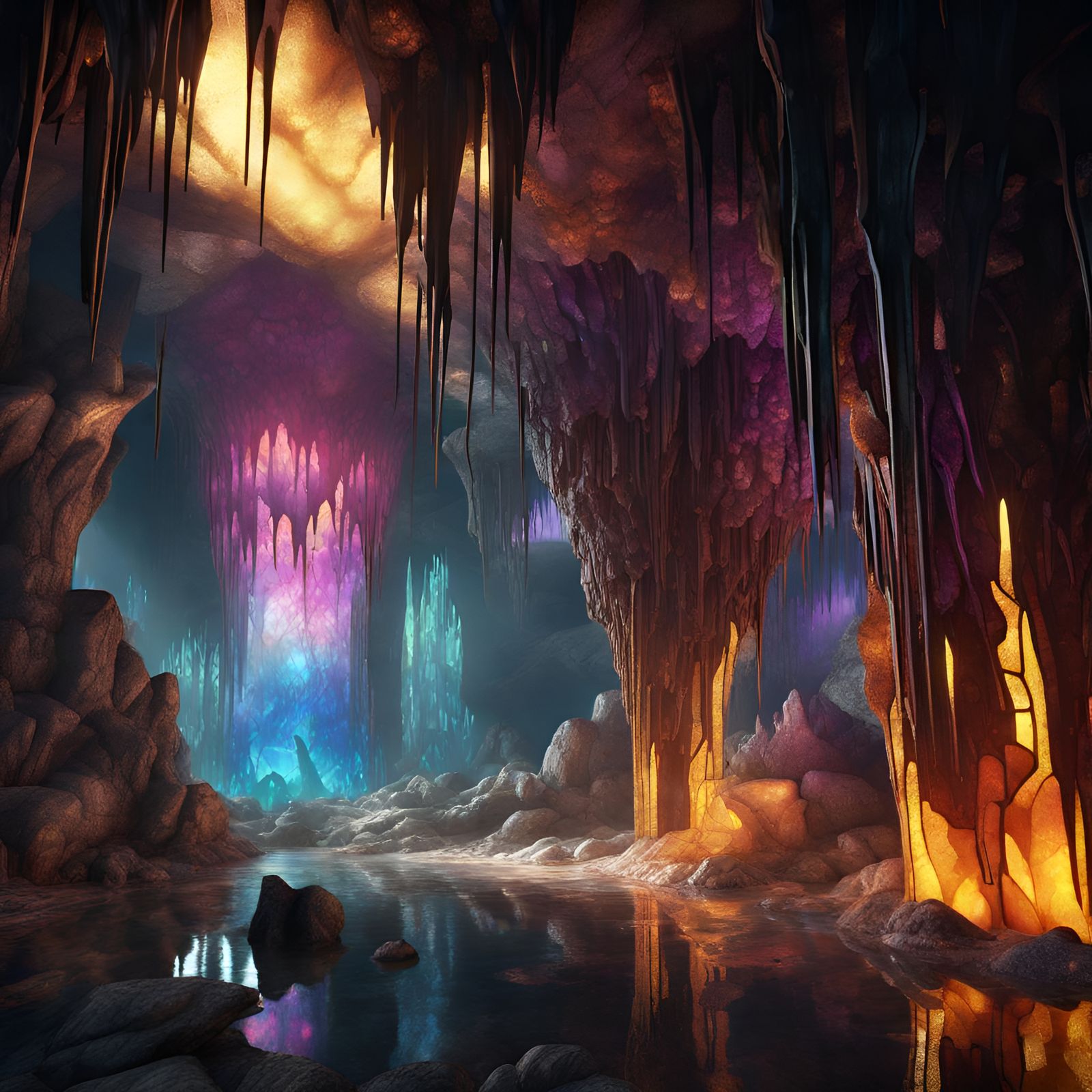 Glittering Stained Glass Cavern in Detailed Matte Painting