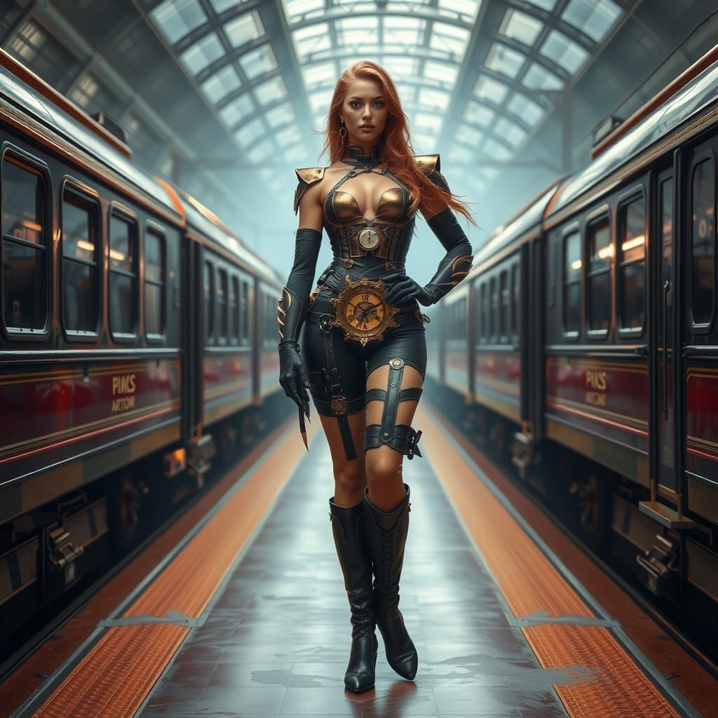 Steampunk Woman at Train Station in Retrofuturistic Style