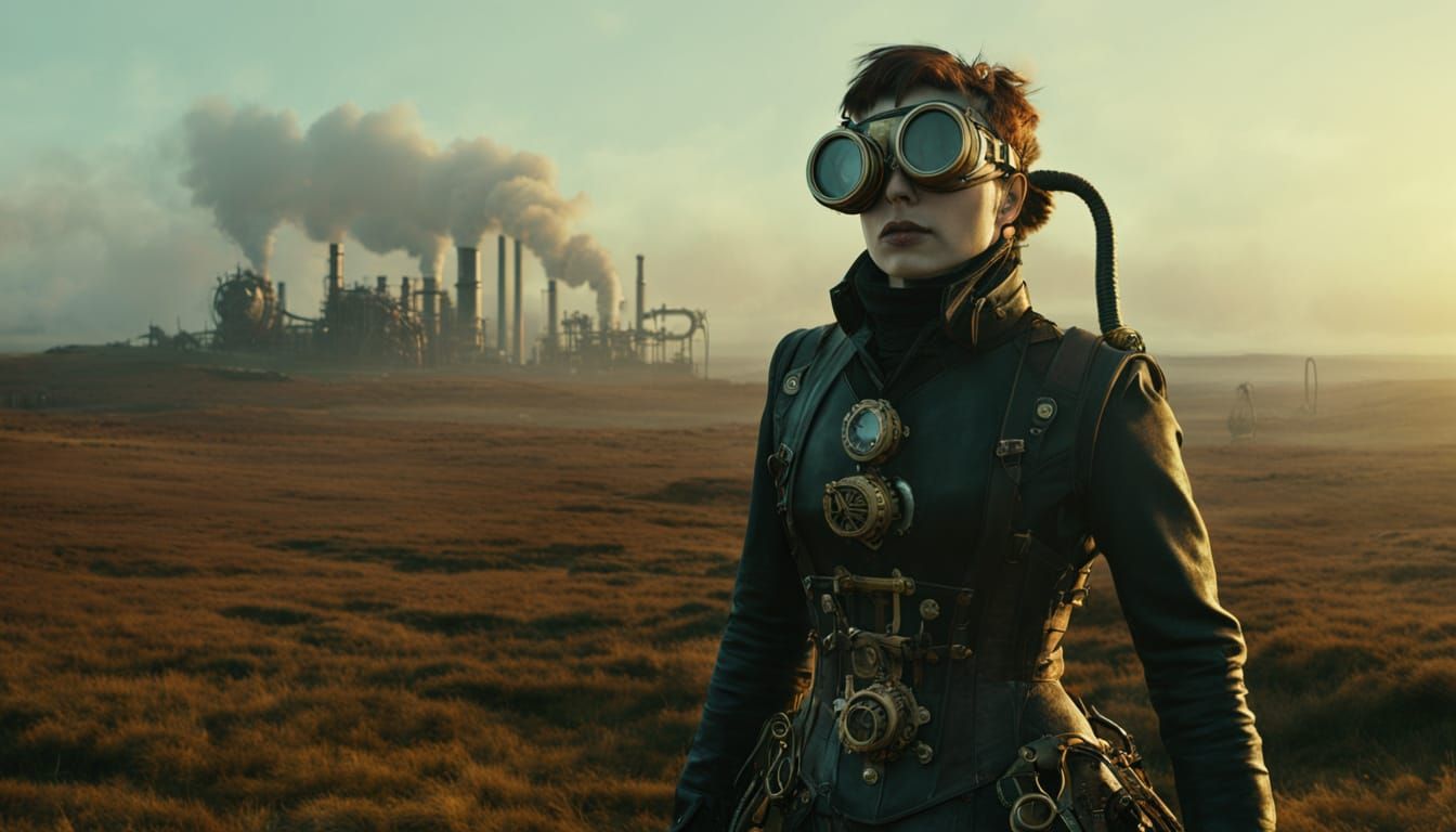 Steampunk Figure on Misty Moorland at Golden Hour