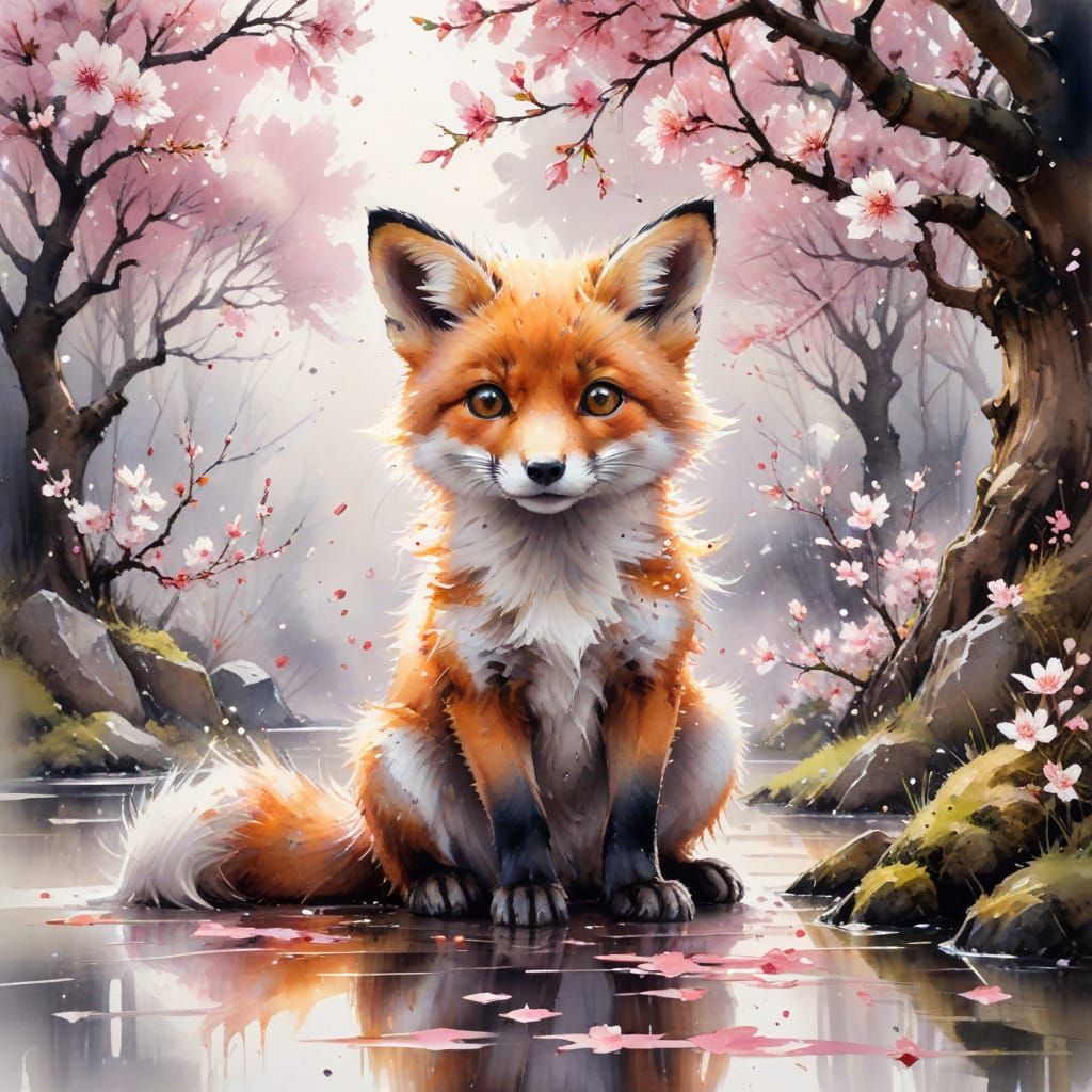 Fox Cub in Cherry Blossom Bonsai Garden