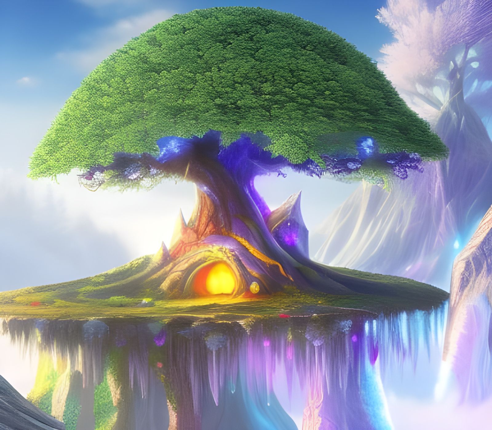 Magical Tree Surrounded by Floating Crystals