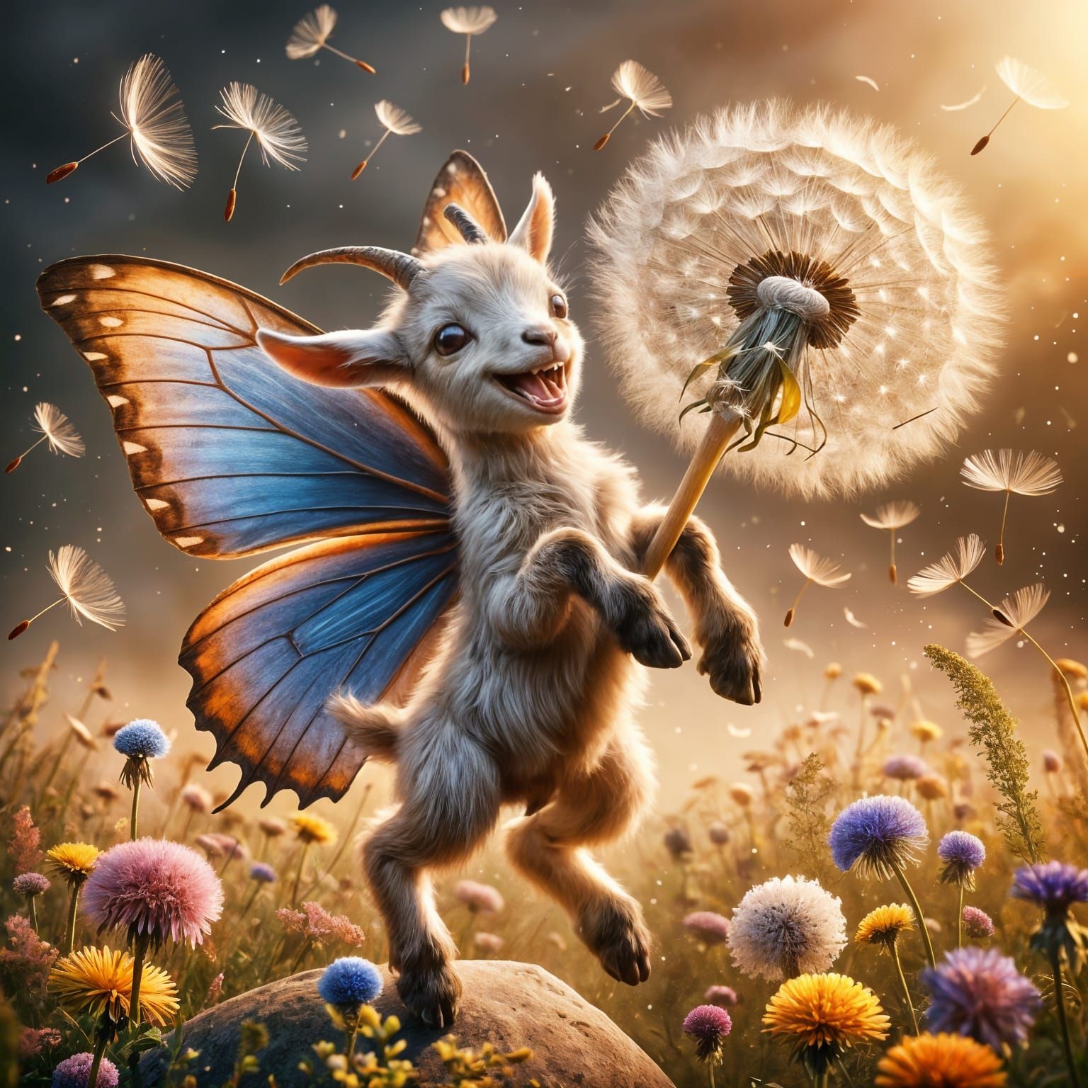 Whimsical Goat Butterfly Dances Amidst Wildflowers