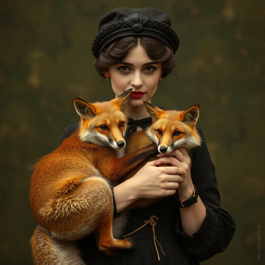 Edwardian Woman Holding a Fox Portrait