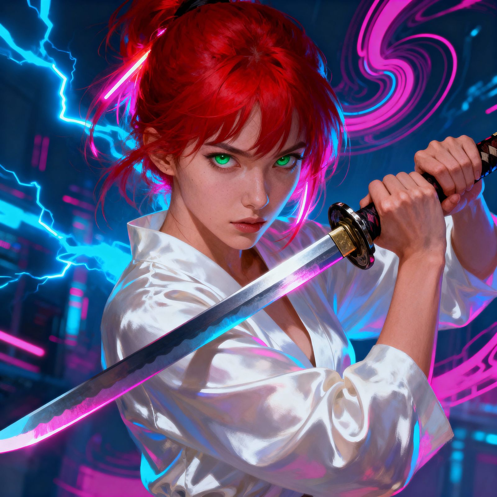 Crimson Haired Warrior with Katana in Cyberpunk Style