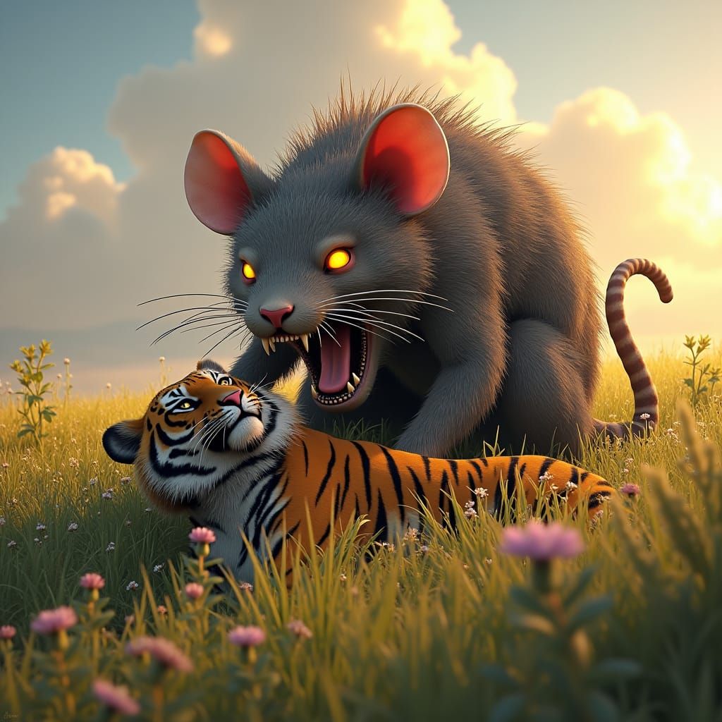 Giant Rodent Devours Tiger in Lush Field