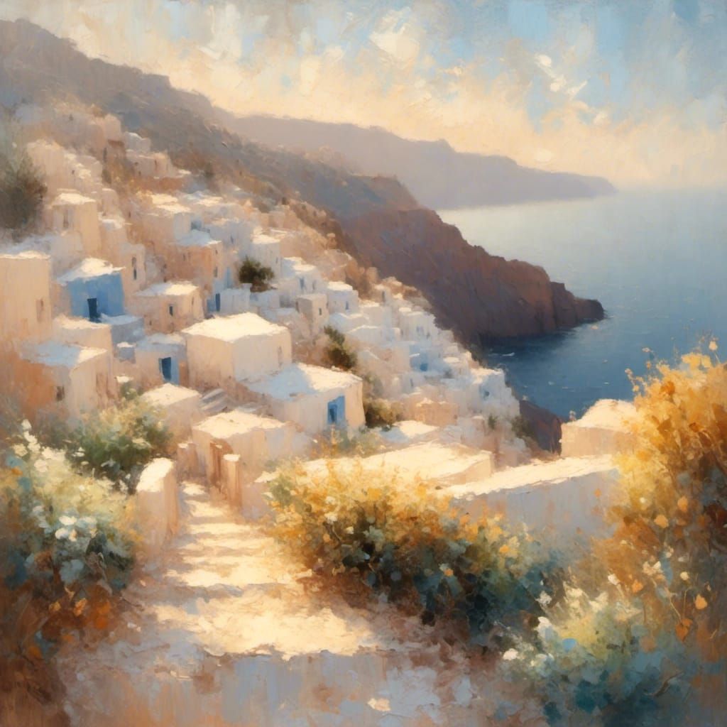 Santorini Caldera in Impressionist Oil Painting
