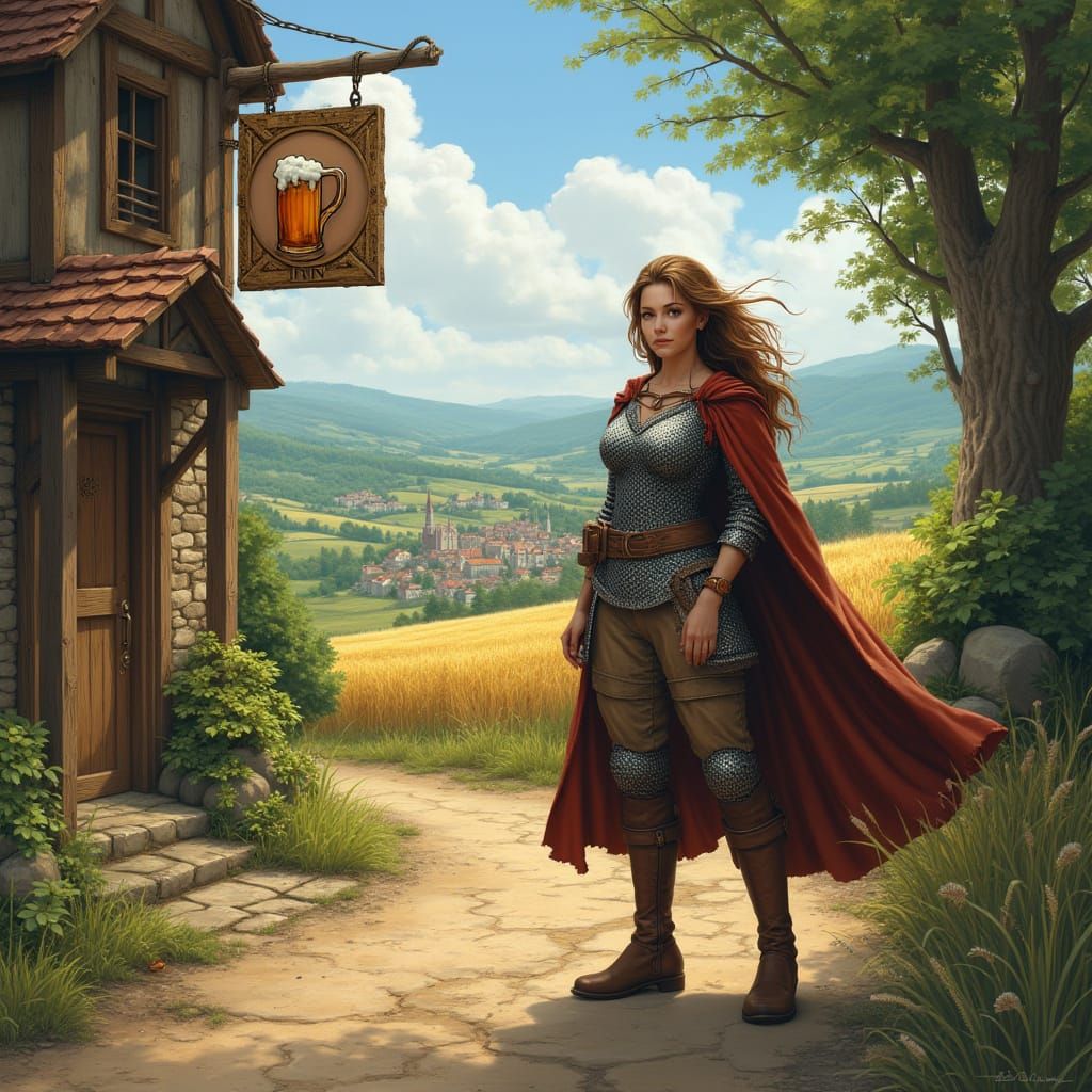 Medieval Woman Stands Outside Rustic Inn in Ring Mail Armor