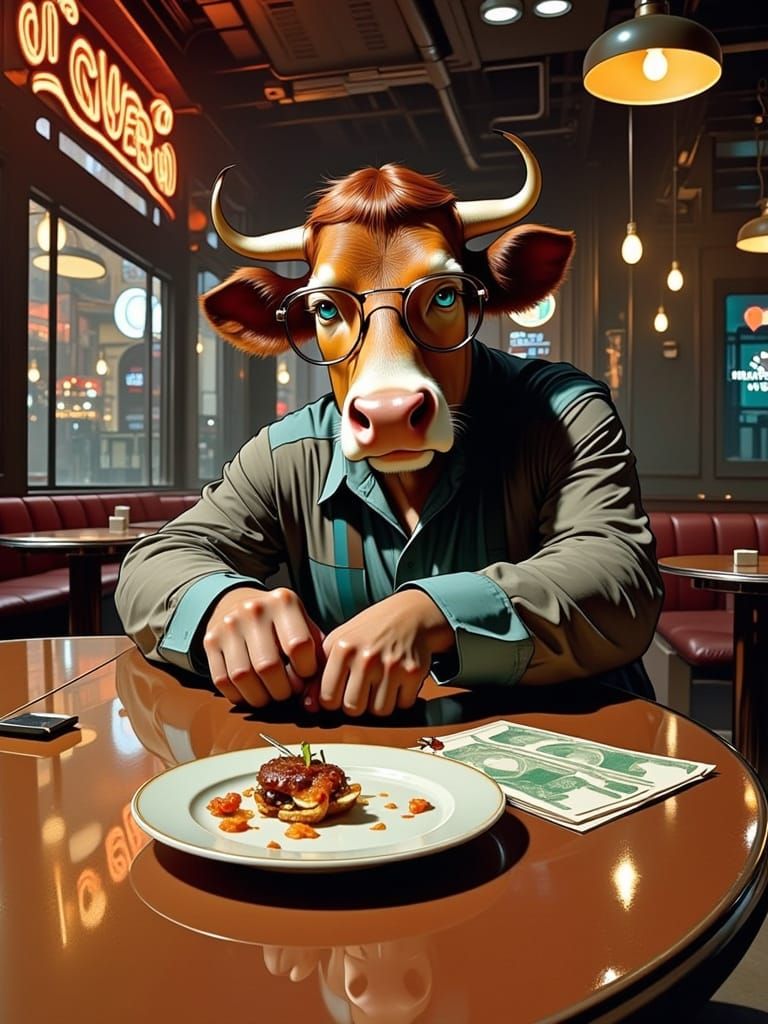 A Vintage Cow in a Futuristic Diner Scene