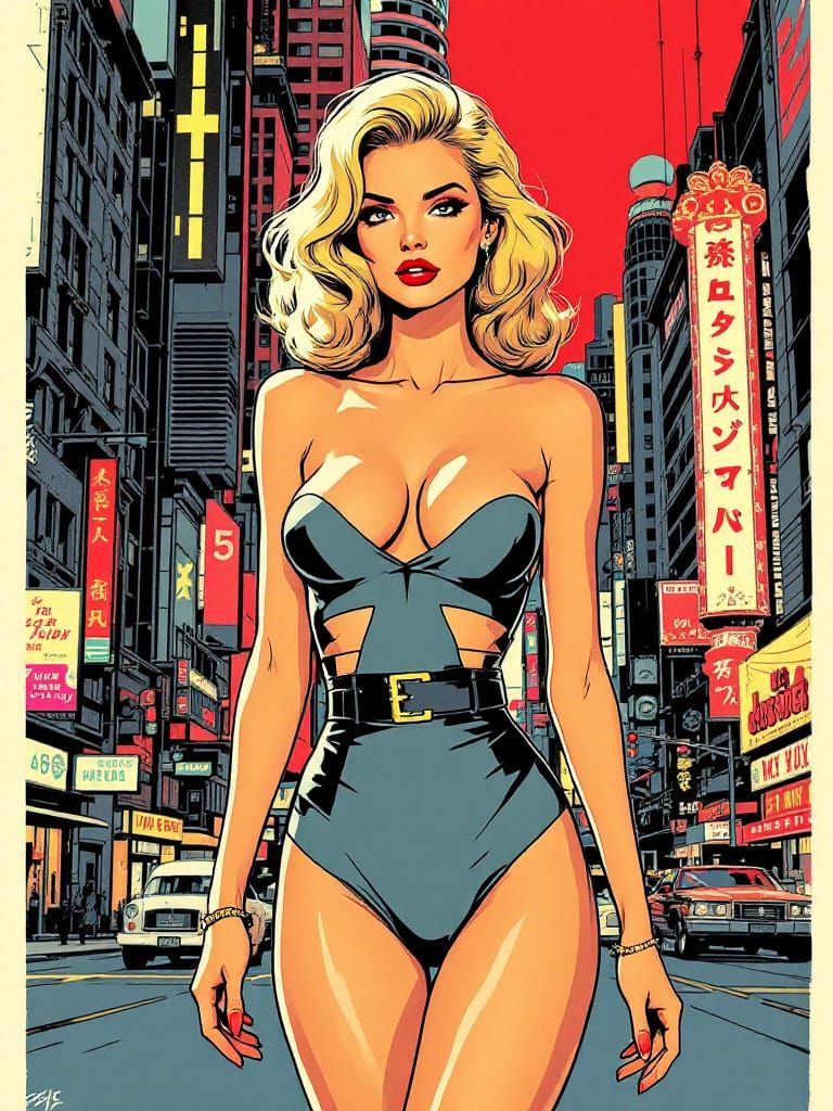 Retro-Futurist Cityscape with Pin-Up Woman
