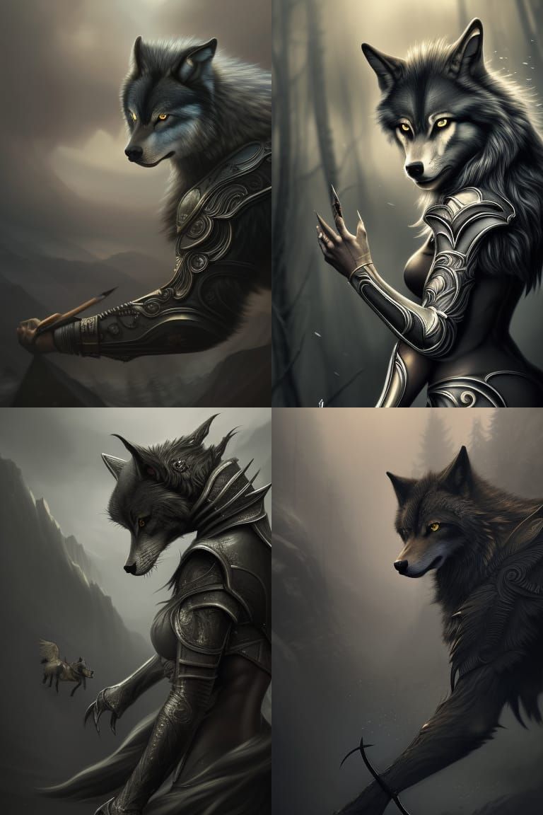 Fantasy Wolf Girl in Silver Armor, Digital Art