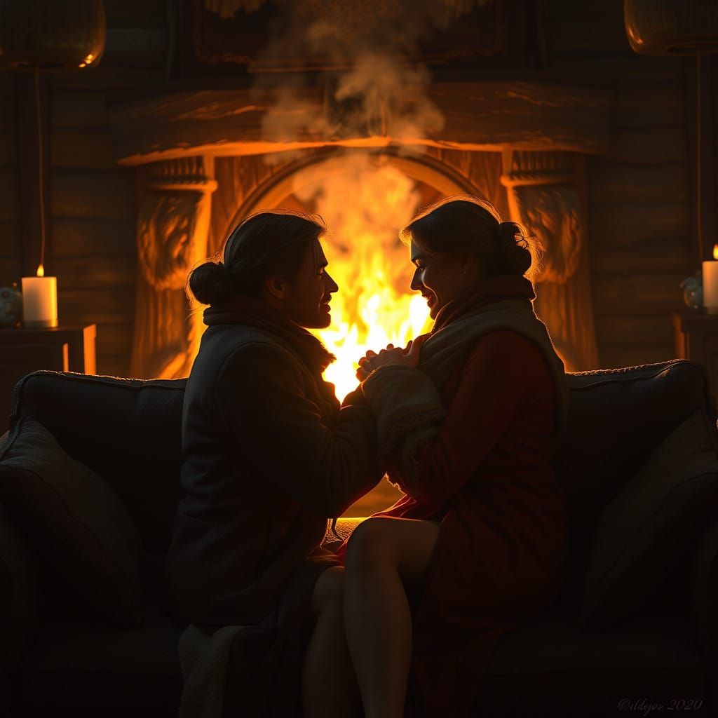 Cozy Couple by the Golden Hearth