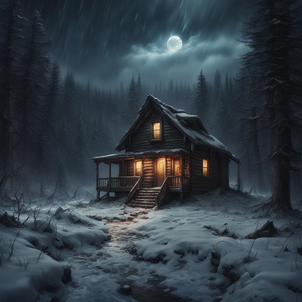 Dramatic Stormy Night at Abandoned Cabin