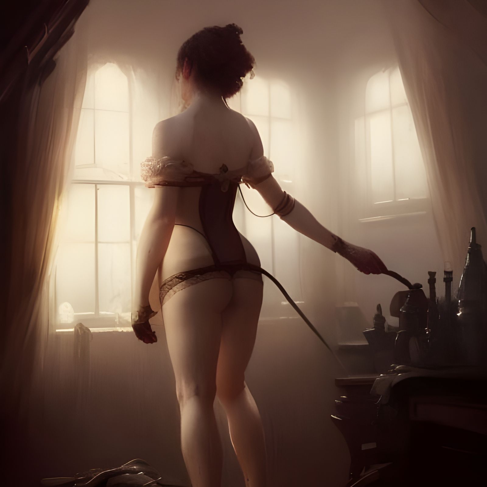 Victorian Woman Doing Chores in Dark Fantasy Style