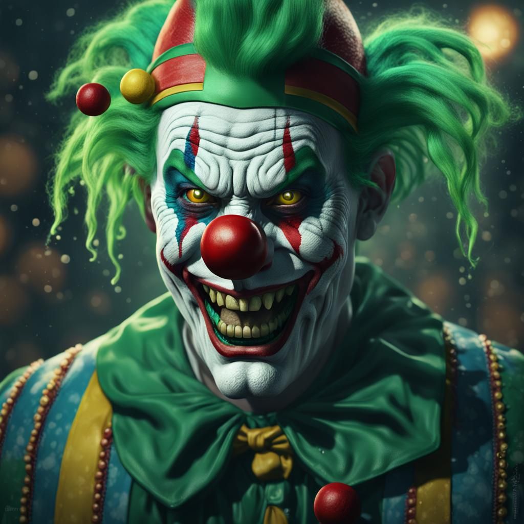 Menacing Green-Haired Clown Portrait in Detailed Matte Paint...