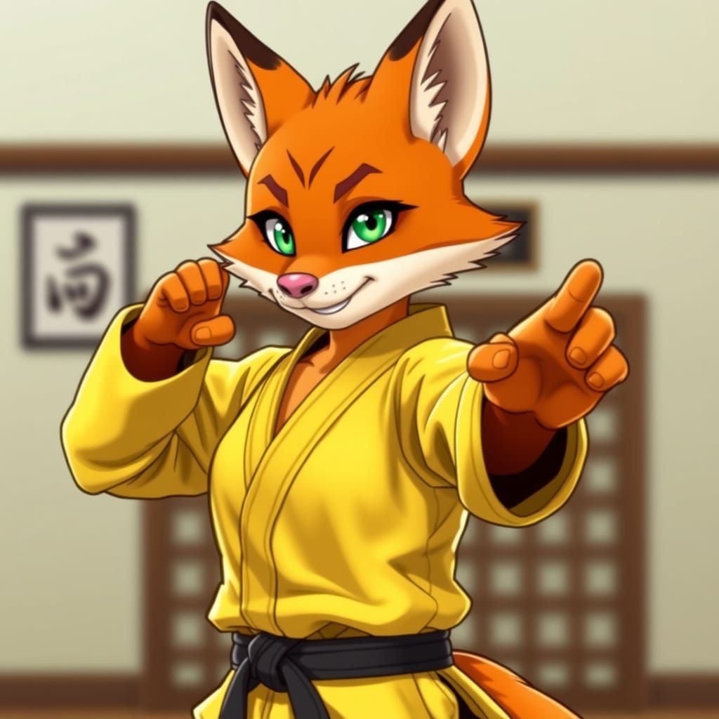 Fox Girl in Yellow Gi Practicing Karate