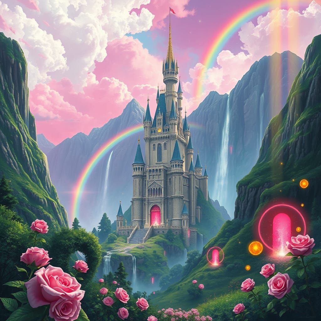 Fantasy Castle in Lush Landscape with Rainbows