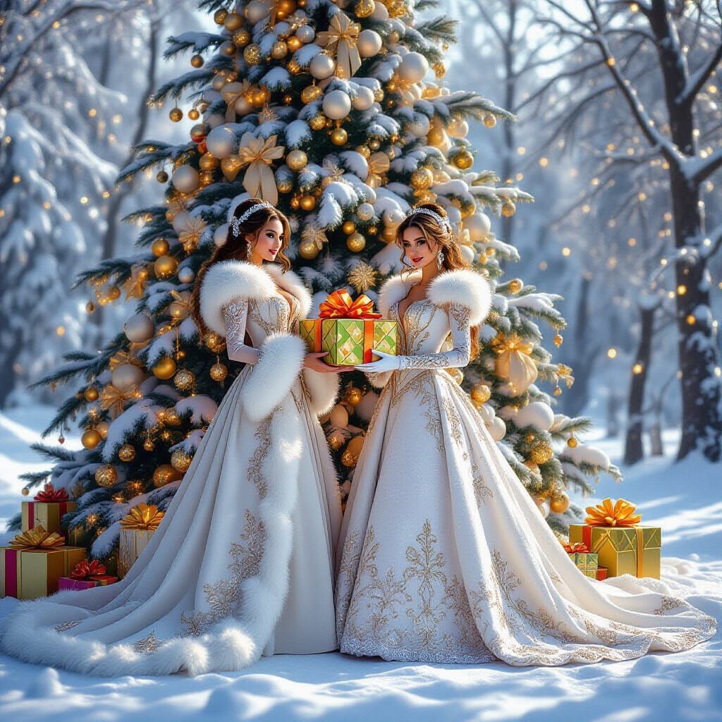 Christmas Goddesses in Snowy Forest, 3D Render