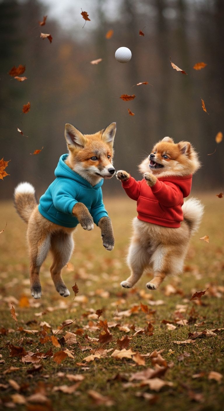 Puppies Playfully Leap for Golf Ball Amidst Autumn Leaves