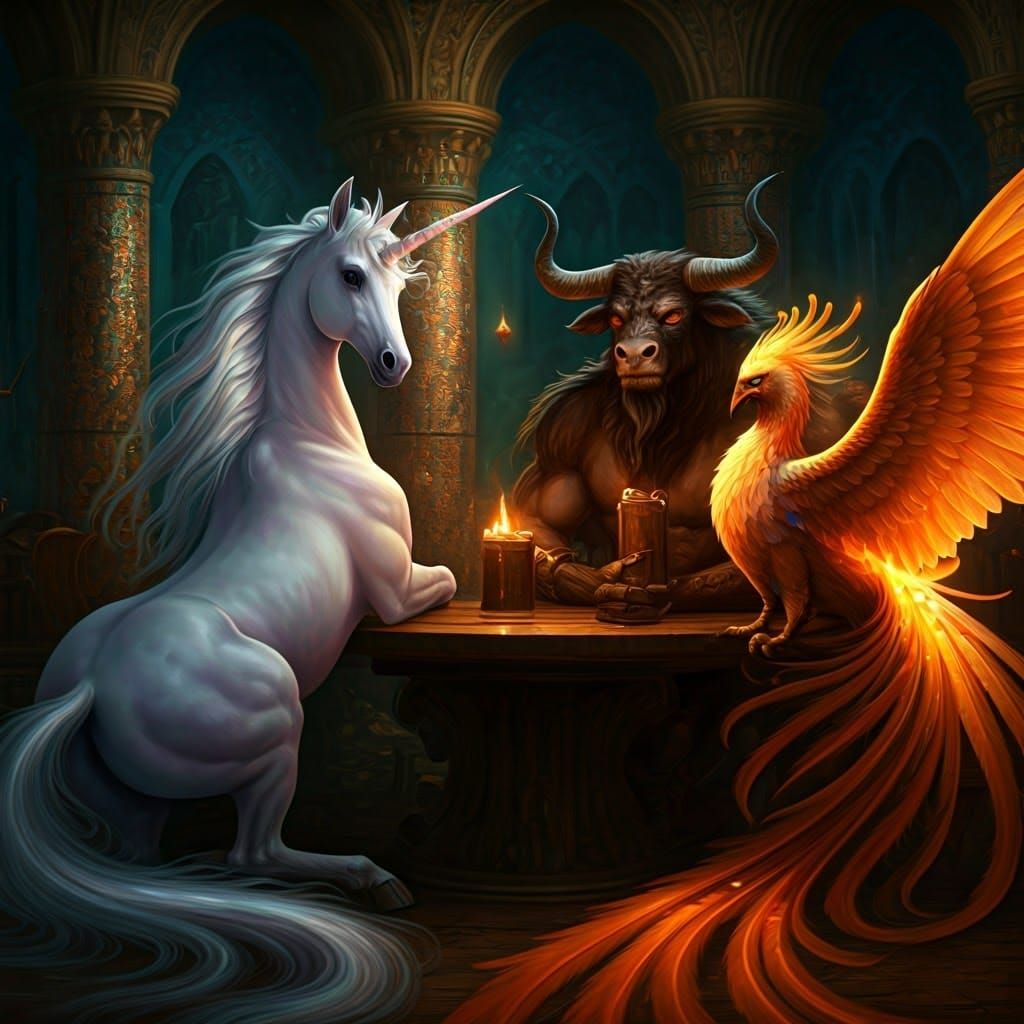 Mythical Creatures in Tavern, Dramatic Fantasy Art