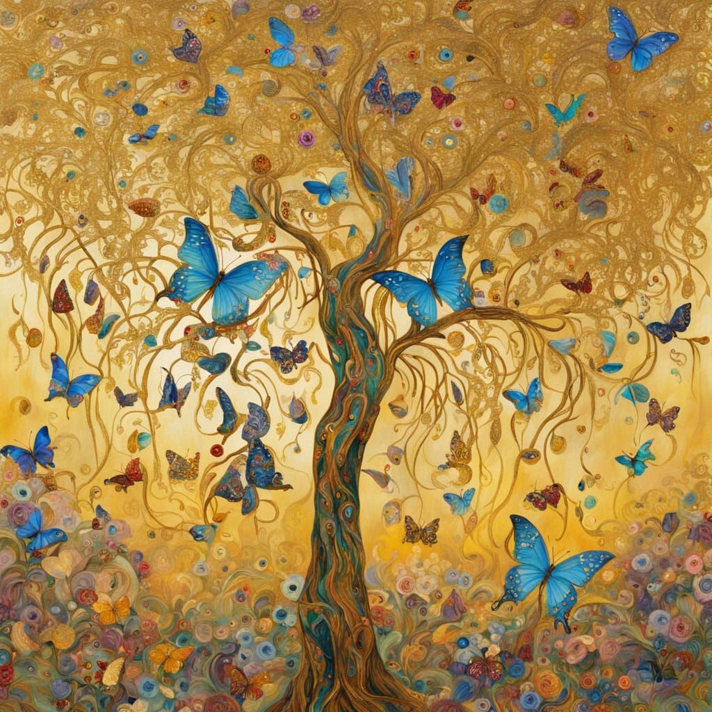Klimt-Inspired Weeping Willow with Butterflies
