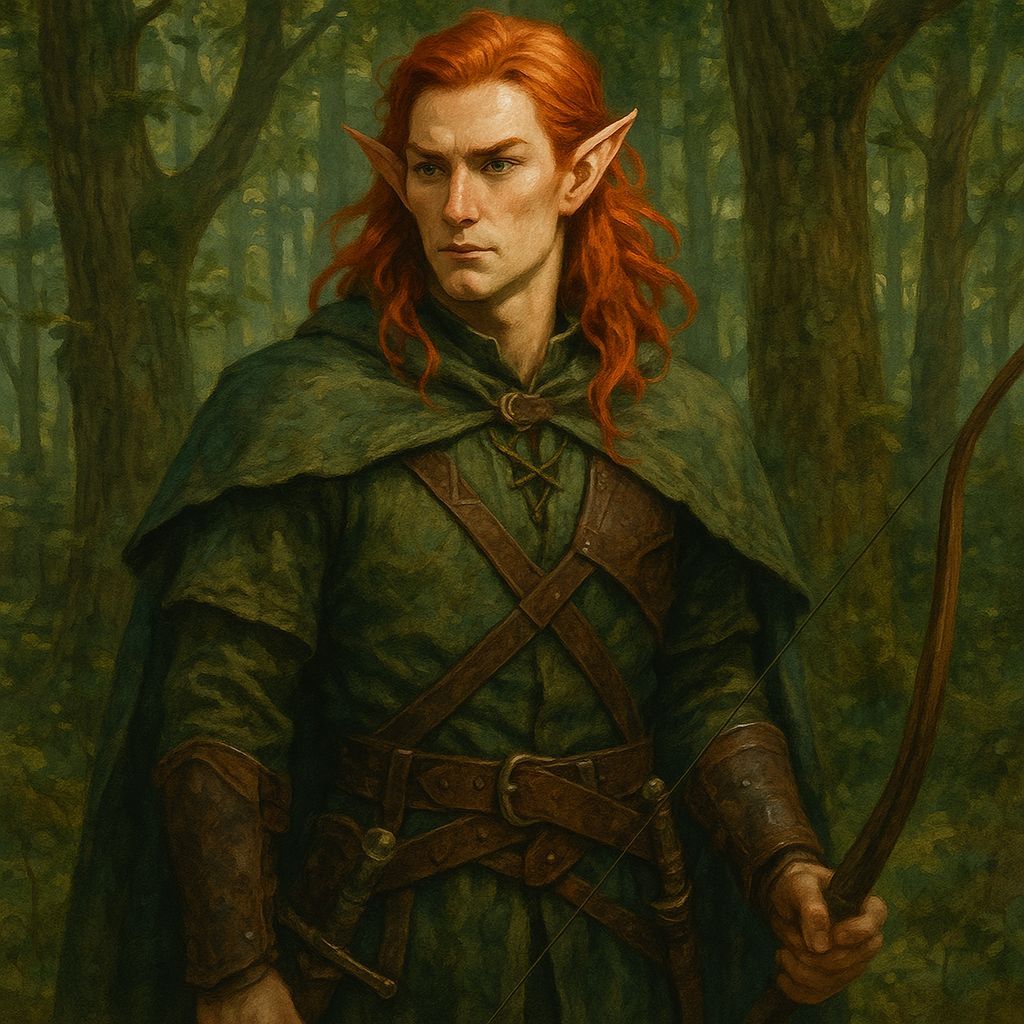 Ethereal Red-Haired Elf Amidst Whimsical Woodland