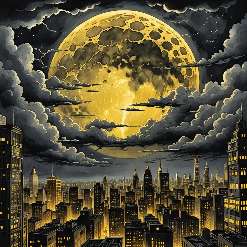 Glowing Moon Over Metropolis in Comix Art Style