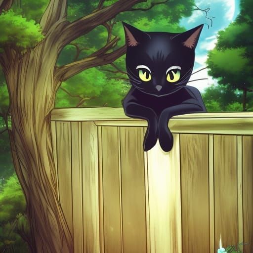 Black Cat Gazing into Forest, in Anime Style