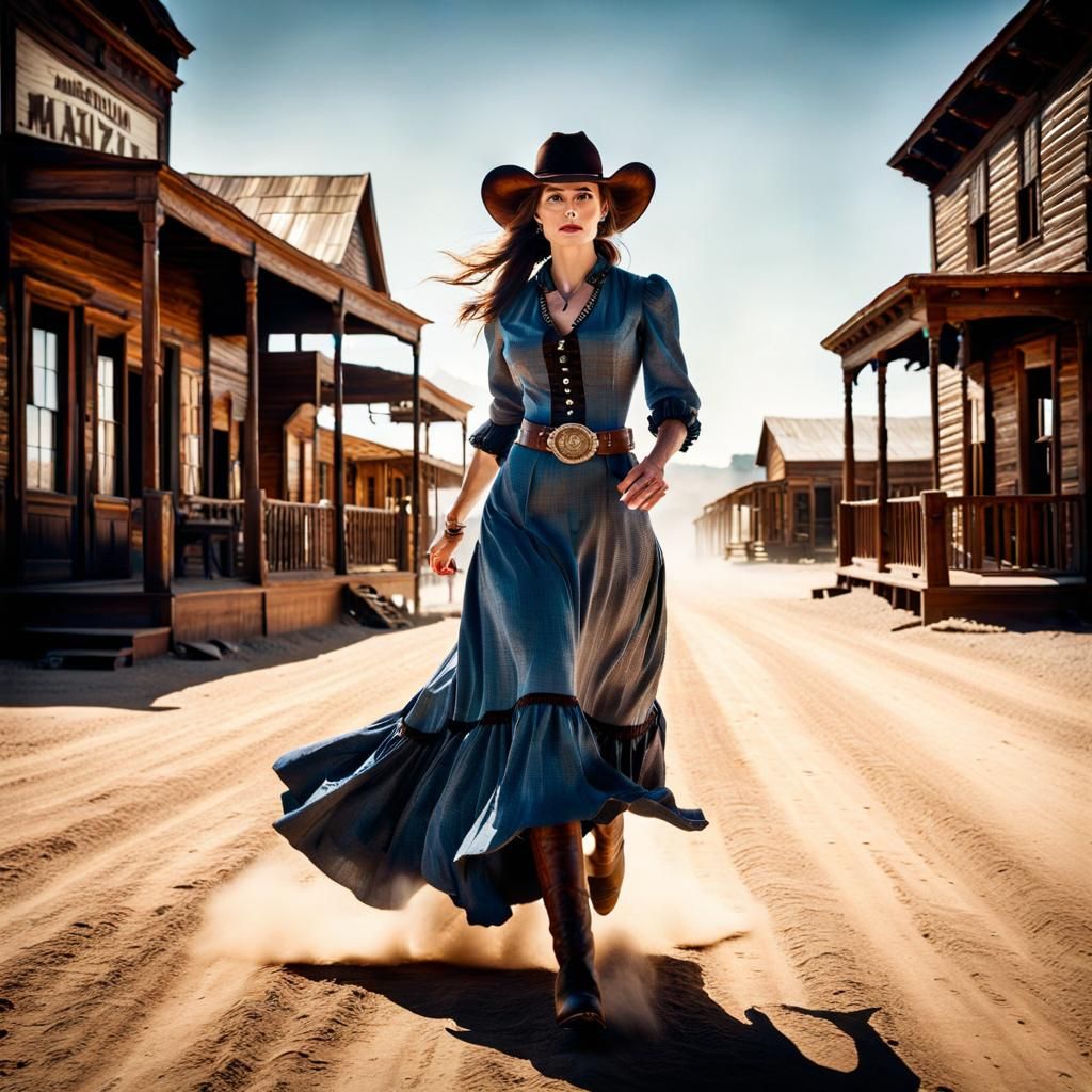 Cowgirl in Western Town Shoots Revolver