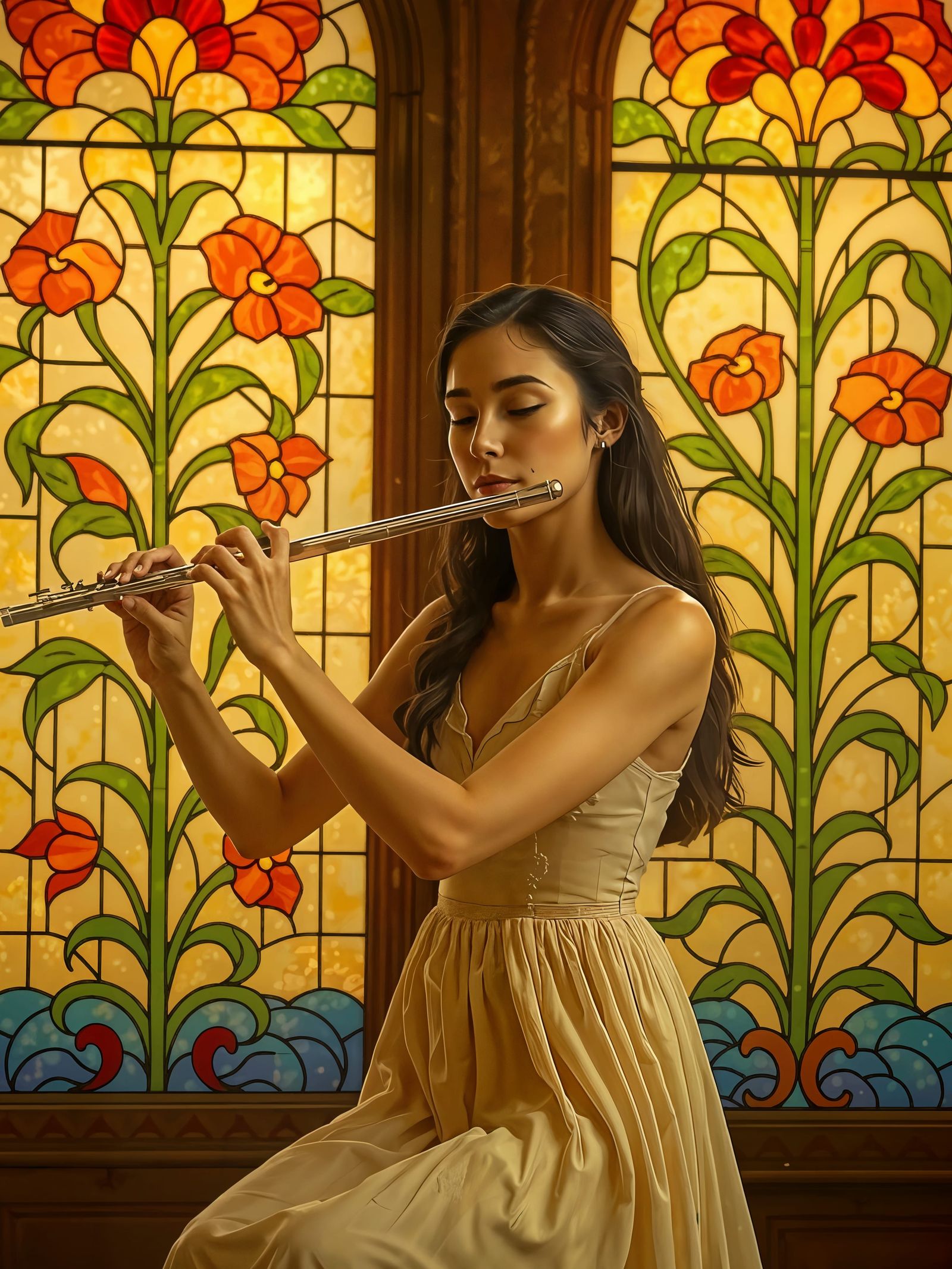Woman Plays Flute Before Art Nouveau Stained Glass