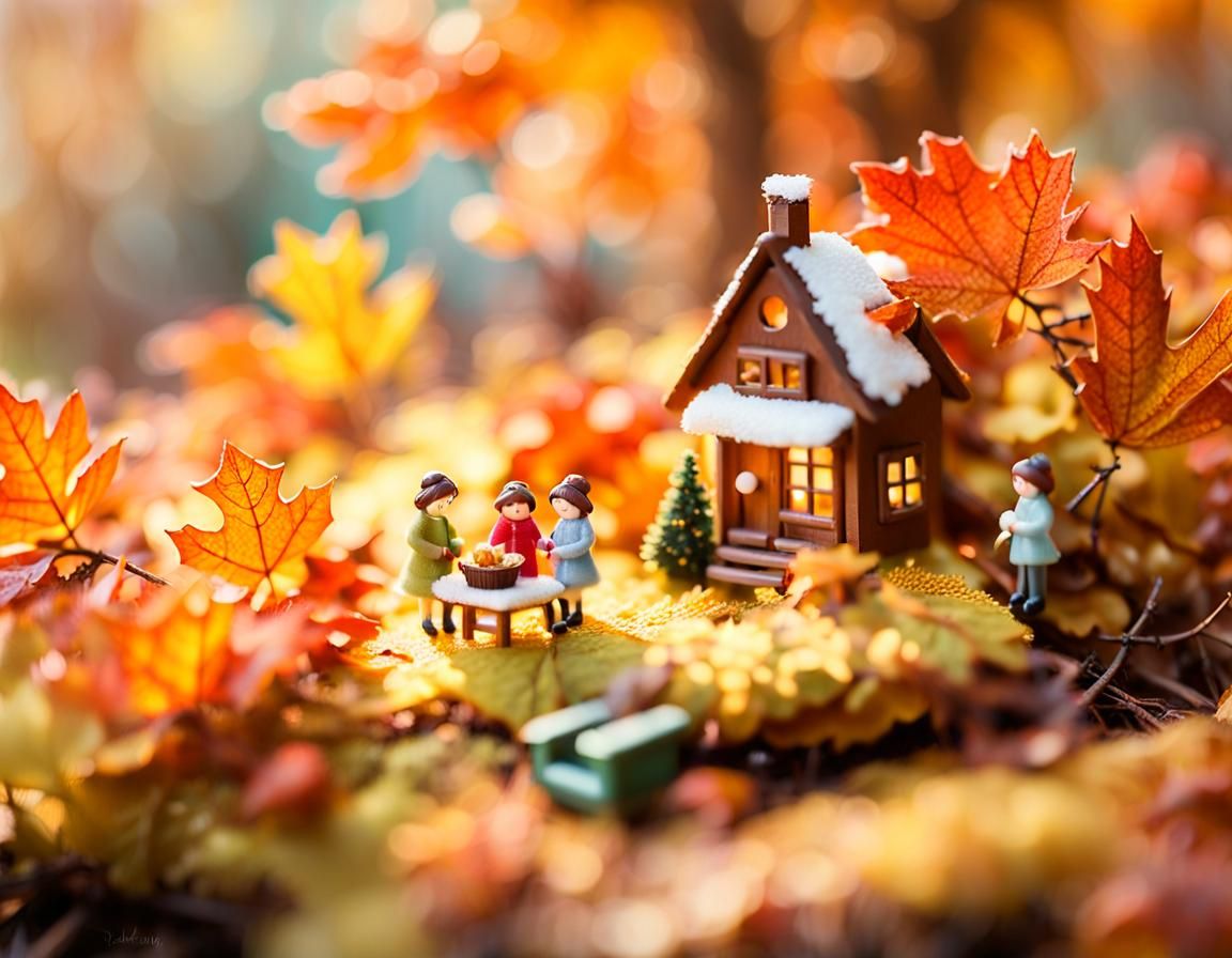 Fairies Gathering Autumn Leaves, Tilt-Shift Miniature World