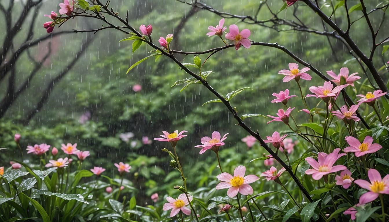 Spring Rainy Day: Flowers Bloom in Vibrant Colors