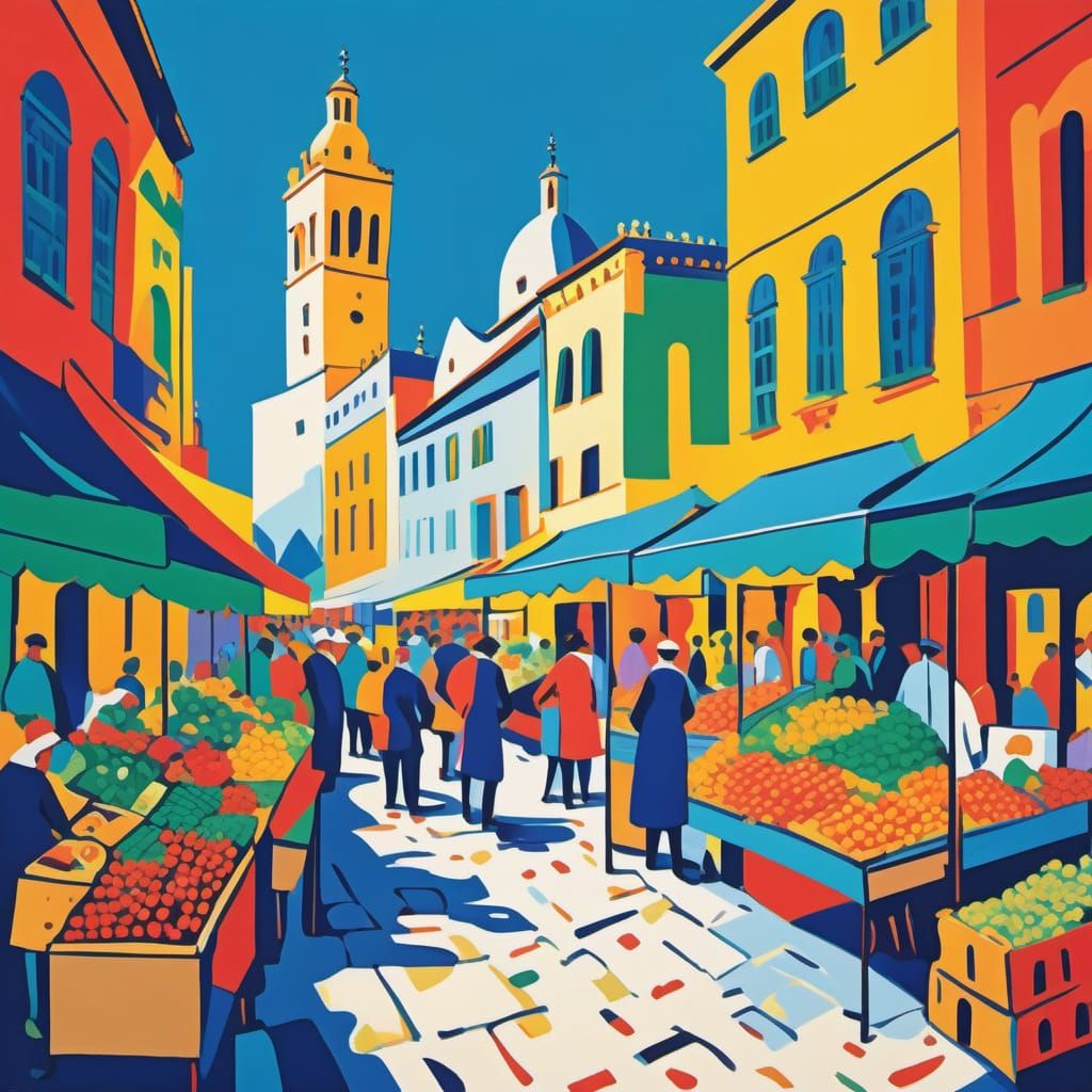 Bustling City Market in Vibrant Matisse Fauvist Style