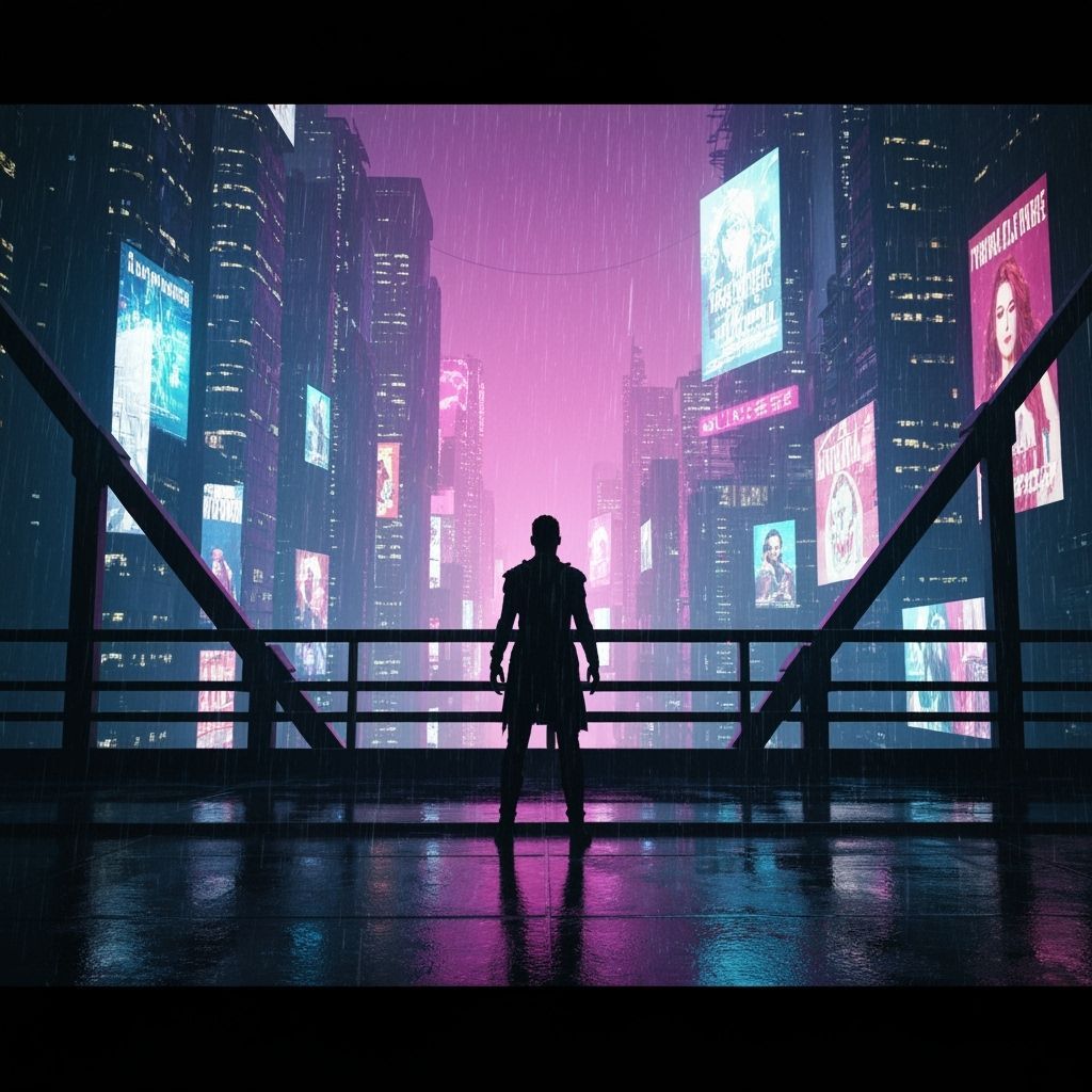 Cyberpunk Wanderer in Rainy Cityscape